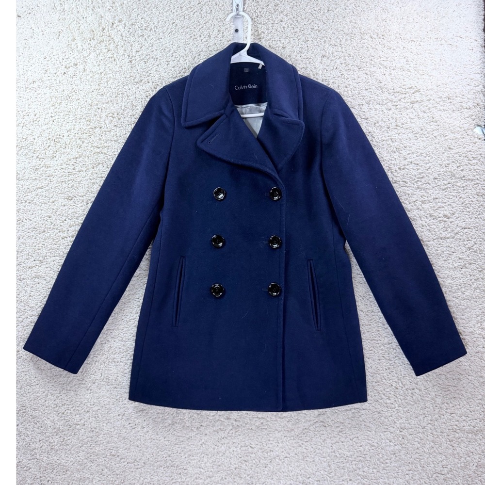 Calvin Klein Peacoat Women Size 4 Navy Blue Wool Cashmere Blend Double Breasted